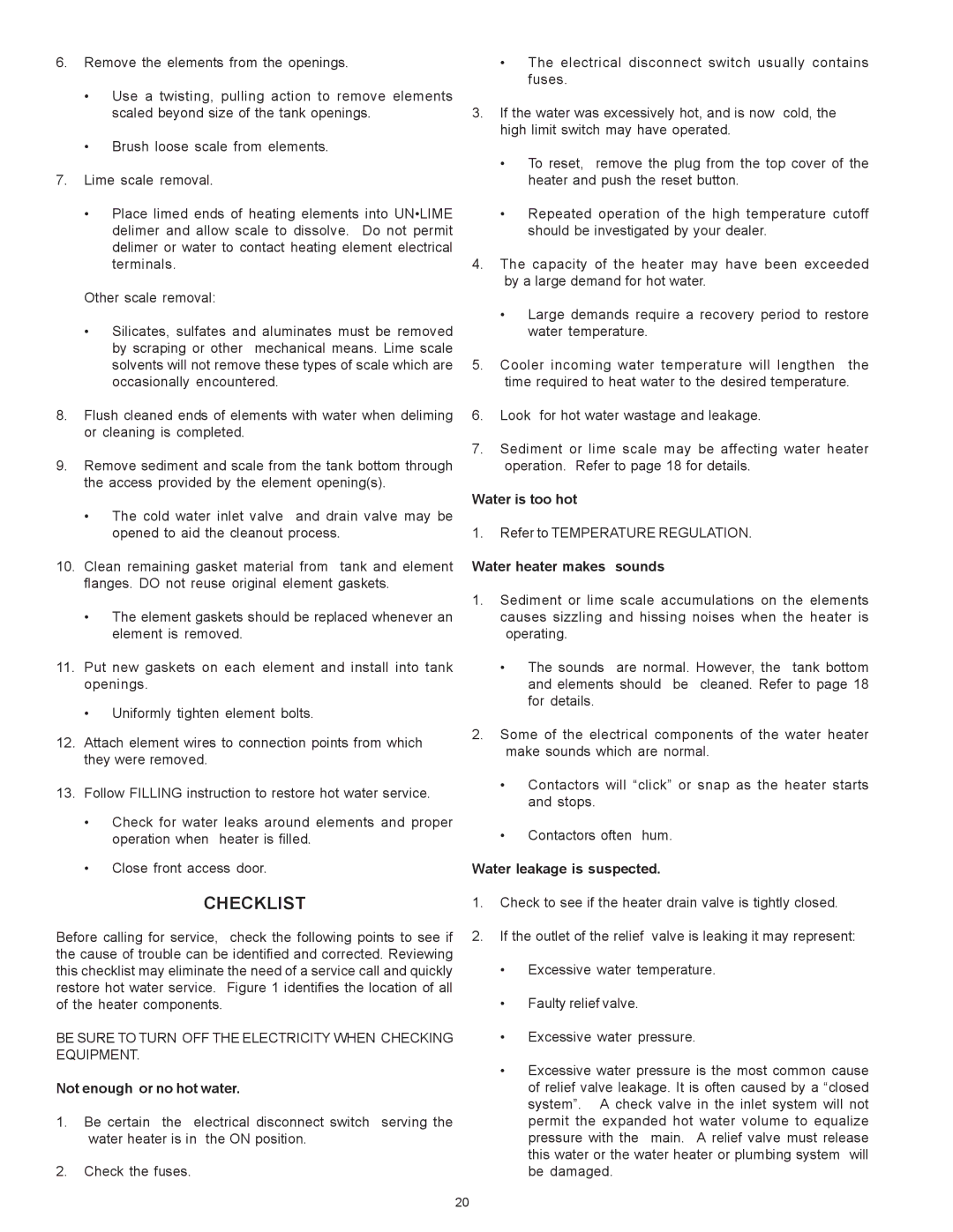 State Industries SSE-5, SSE-120 warranty Checklist, Not enough or no hot water 