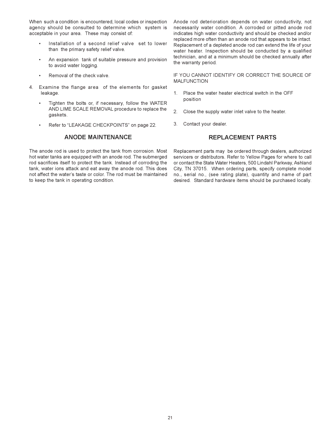 State Industries SSE-120, SSE-5 warranty Anode Maintenance, If YOU Cannot Identify or Correct the Source of Malfunction 