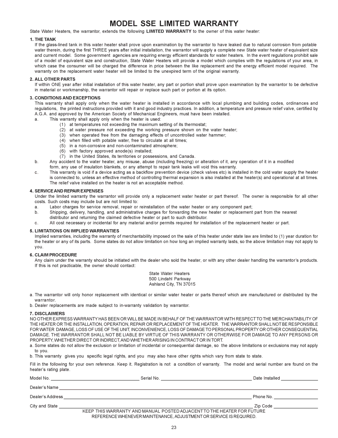 State Industries SSE-120, SSE-5 warranty Model SSE Limited Warranty 