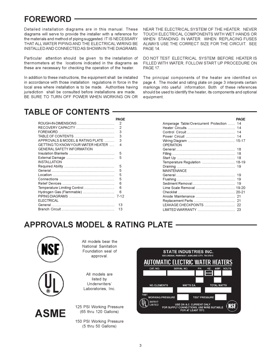 State Industries SSE-120, SSE-5 warranty Foreword, Table of Contents, Approvals Model & Rating Plate 