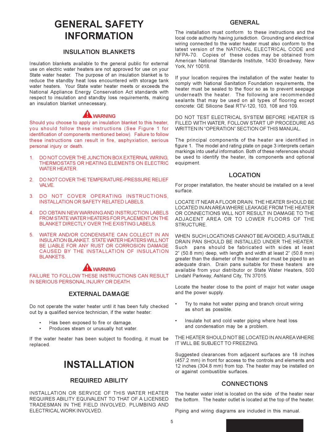 State Industries SSE-120, SSE-5 warranty General Safety Information, Installation 