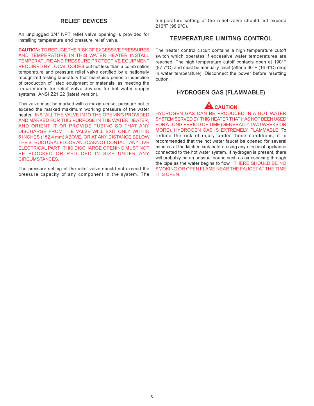 State Industries SSE-5, SSE-120 warranty Relief Devices, Temperature Limiting Control, Hydrogen GAS Flammable 