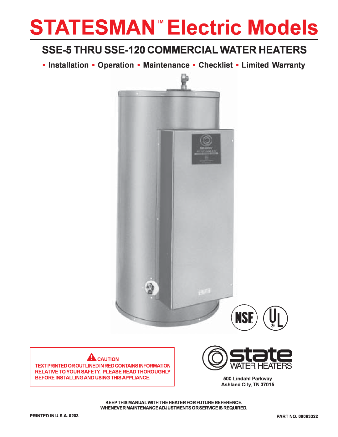 State Industries SSE-120, SSE-5 warranty Installation Operation Maintenance Checklist Limited Warranty, Printed In U.S.A 