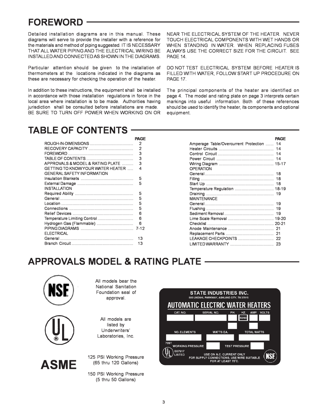 State Industries SSE-120, SSE-5 warranty Foreword, Table Of Contents, Approvals Model & Rating Plate, Asme 