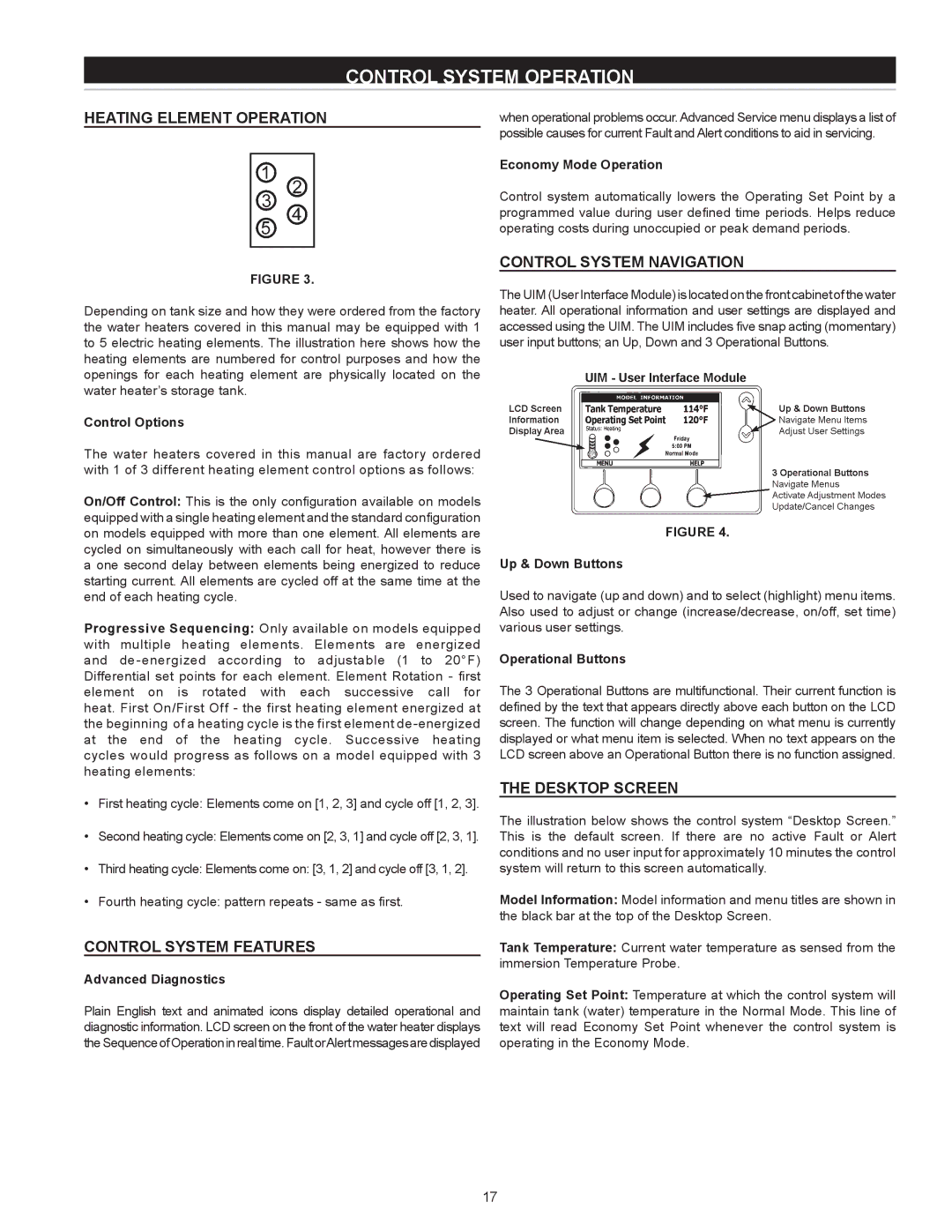 State Industries SSED 5 Control System Operation, Heating Element Operation, Control System Features, Desktop Screen 