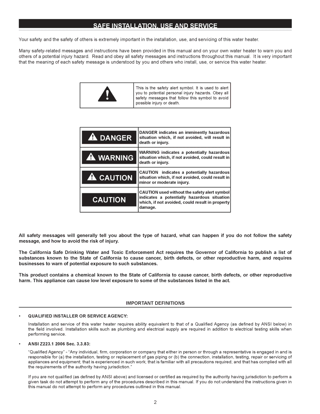 State Industries SSED 5 instruction manual Safe INSTALLATION, USE and Service, Qualified Installer or Service Agency 