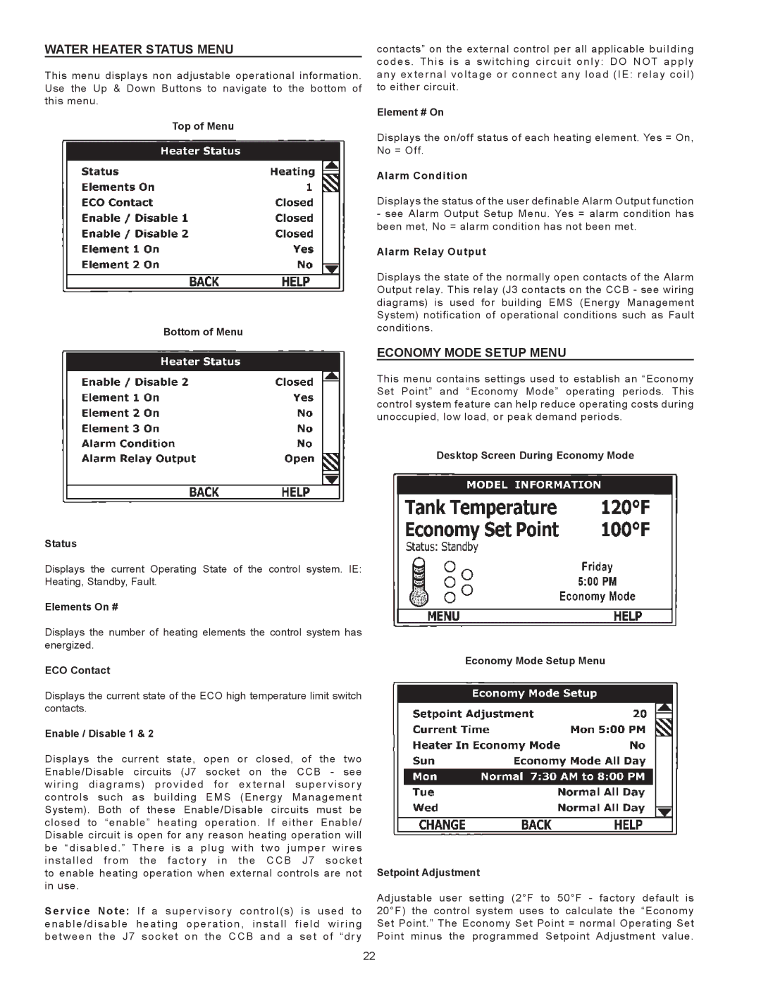 State Industries SSED 5 instruction manual Water Heater Status Menu, Economy Mode Setup Menu 