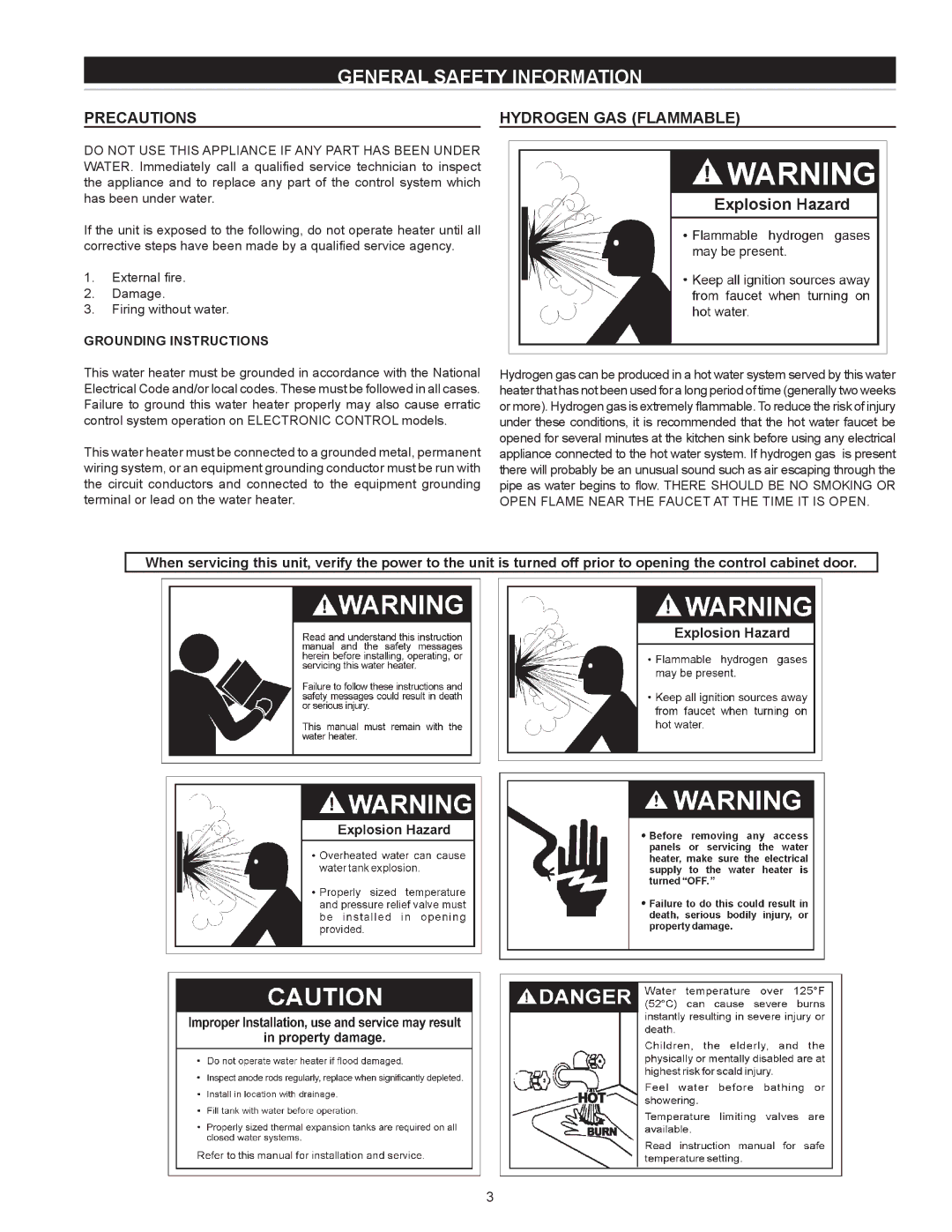 State Industries SSED 5 General Safety Information, Precautions Hydrogen GAS Flammable, Grounding Instructions 