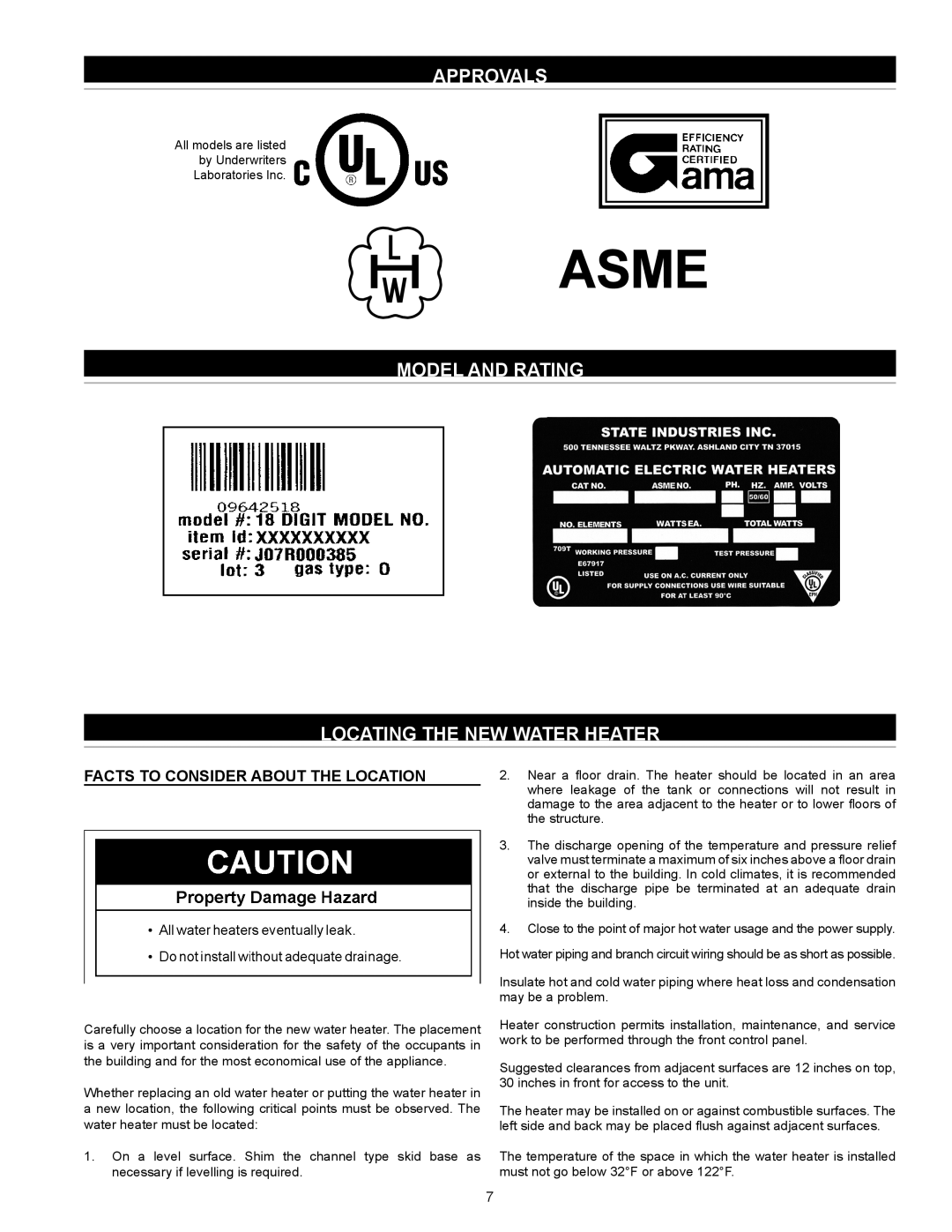 State Industries SSED 5 Approvals, Model and Rating Locating the NEW Water Heater, Facts to Consider About the Location 