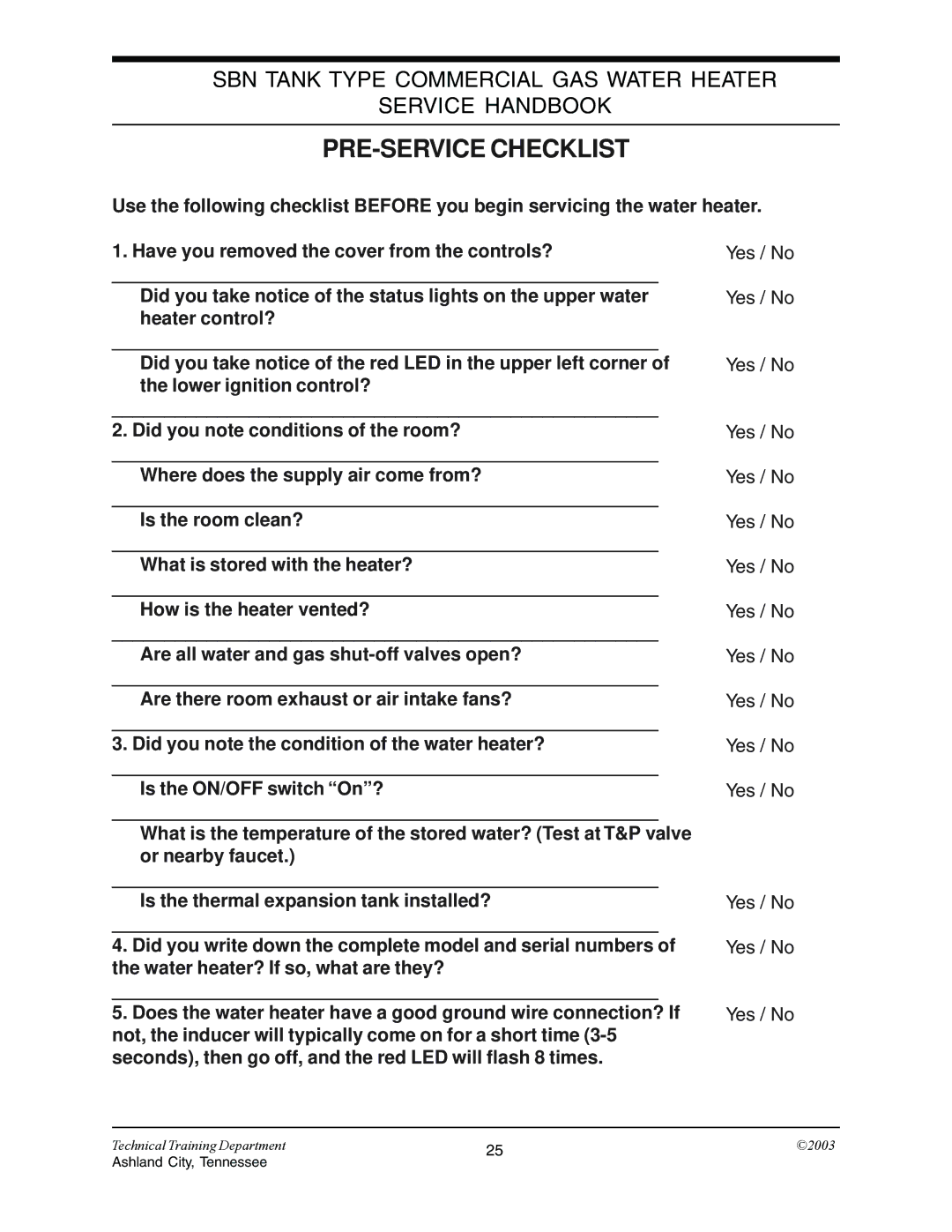 State Industries STC-074 specifications PRE-SERVICE Checklist 