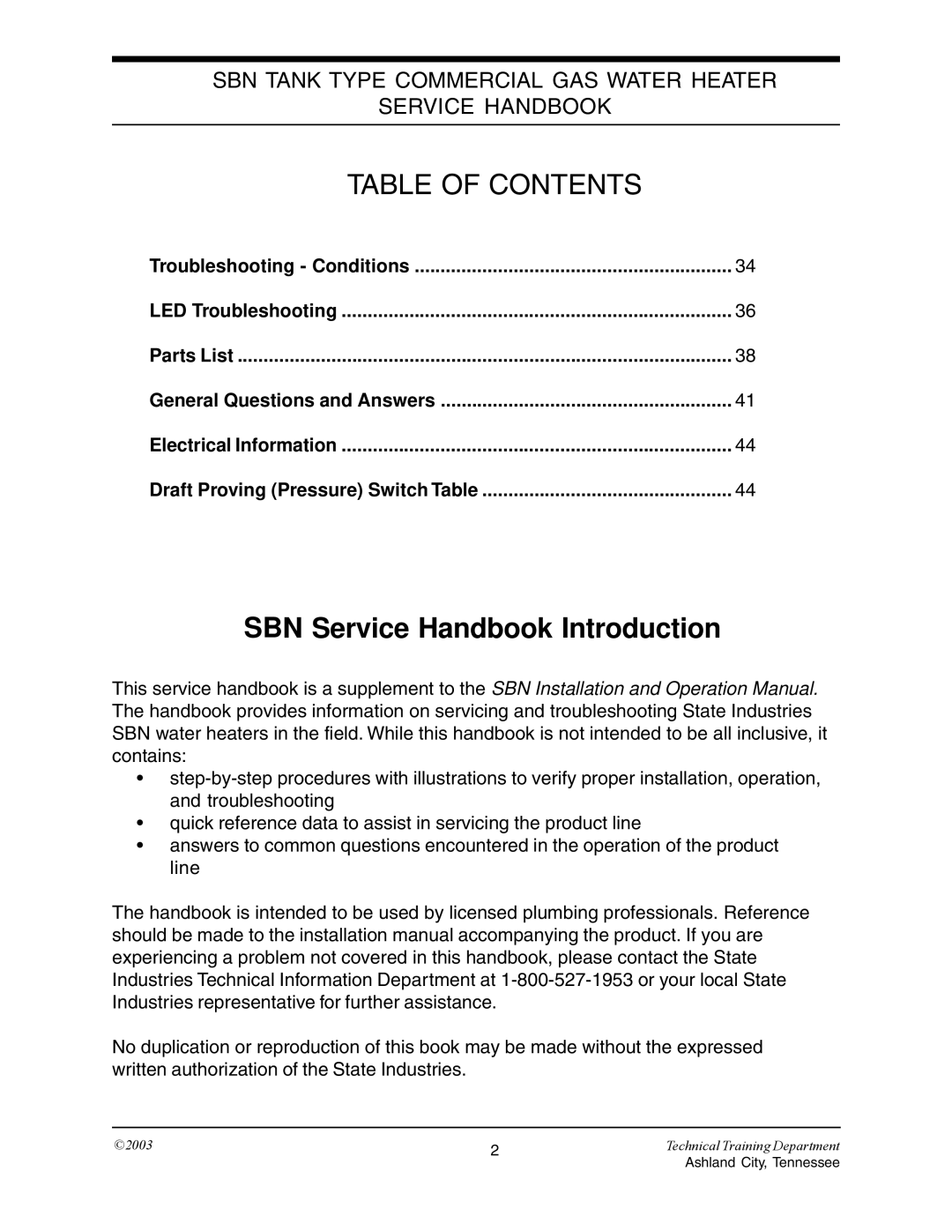 State Industries STC-074 specifications SBN Service Handbook Introduction 