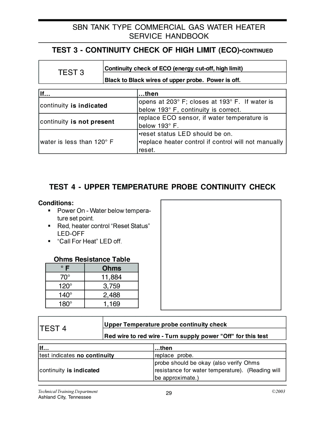 State Industries STC-074 Test 3 Continuity Check of High Limit ECO, Test 4 Upper Temperature Probe Continuity Check 