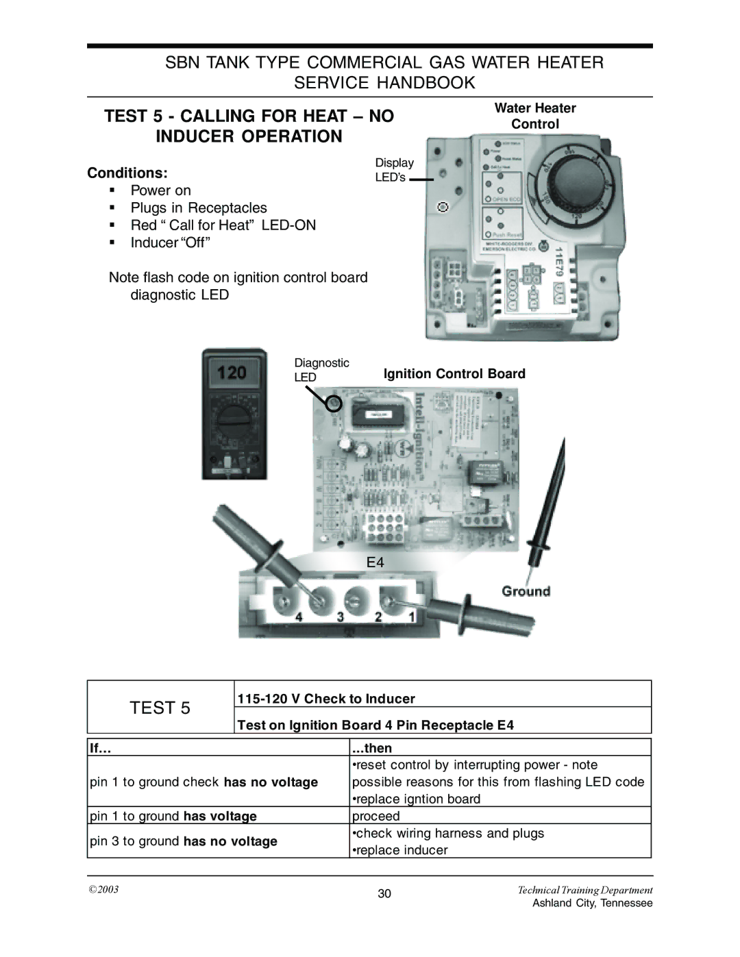 State Industries STC-074 specifications Test 5 Calling for Heat no Inducer Operation, Water Heater Control 