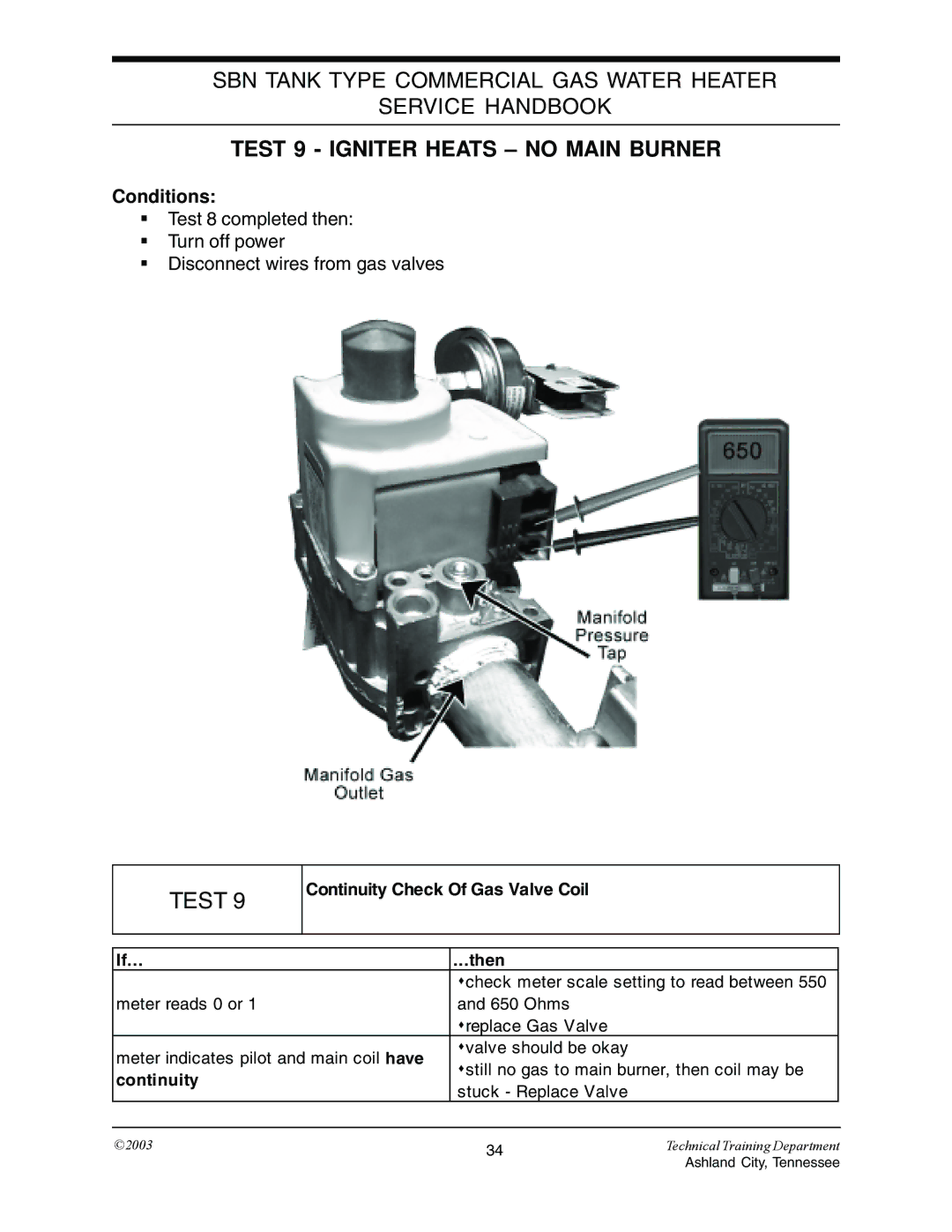 State Industries STC-074 specifications Test 9 Igniter Heats no Main Burner, Continuity Check Of Gas Valve Coil 