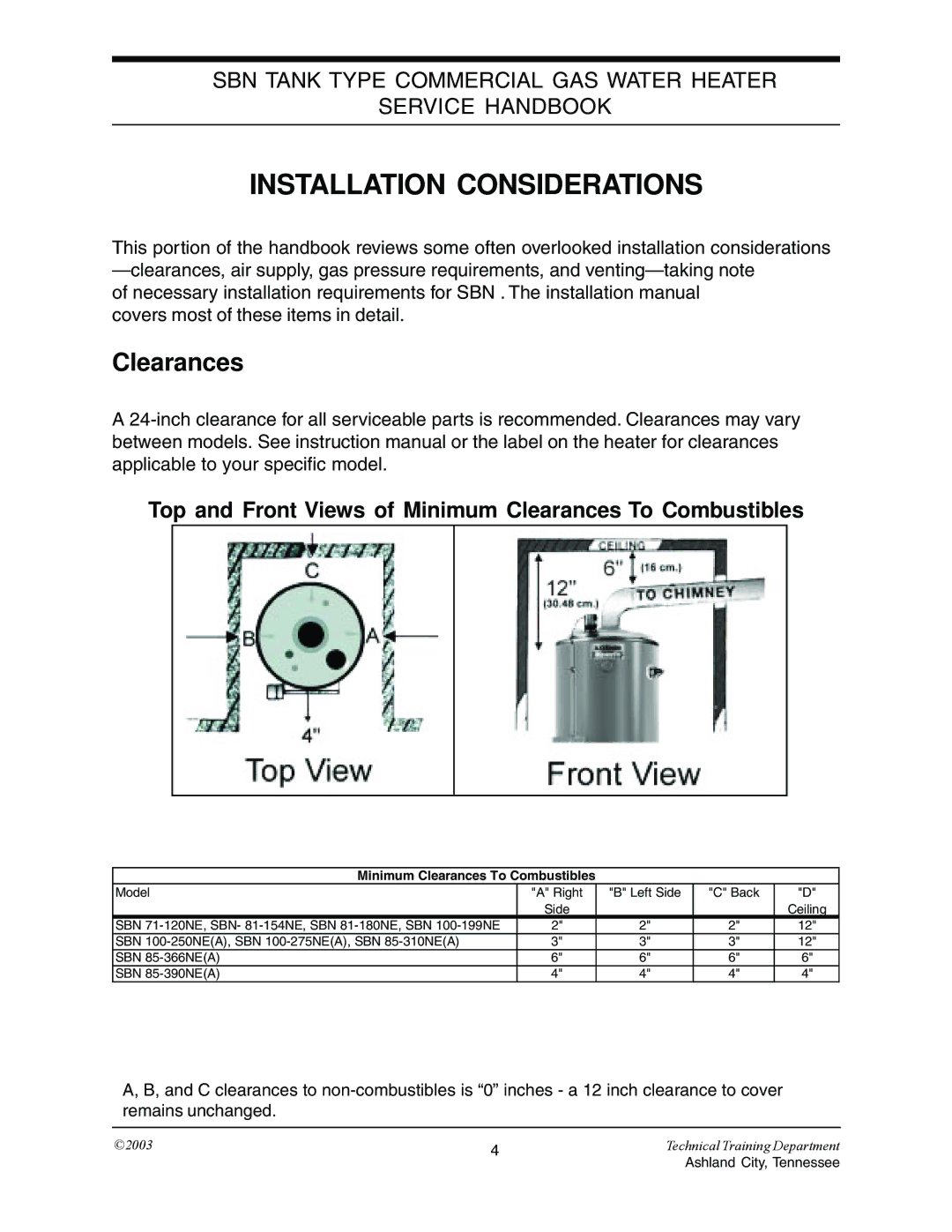 State Industries STC-074 Installation Considerations, Top and Front Views of Minimum Clearances To Combustibles 