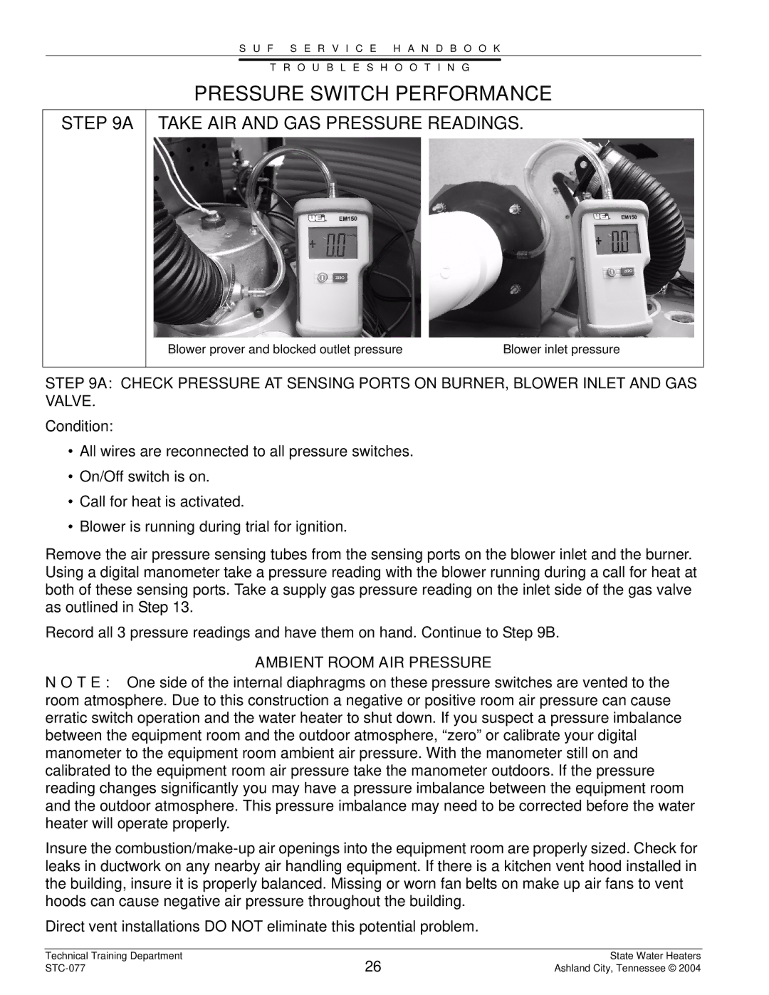 State Industries STC-077 Pressure Switch Performance, Take AIR and GAS Pressure Readings, Ambient Room AIR Pressure 