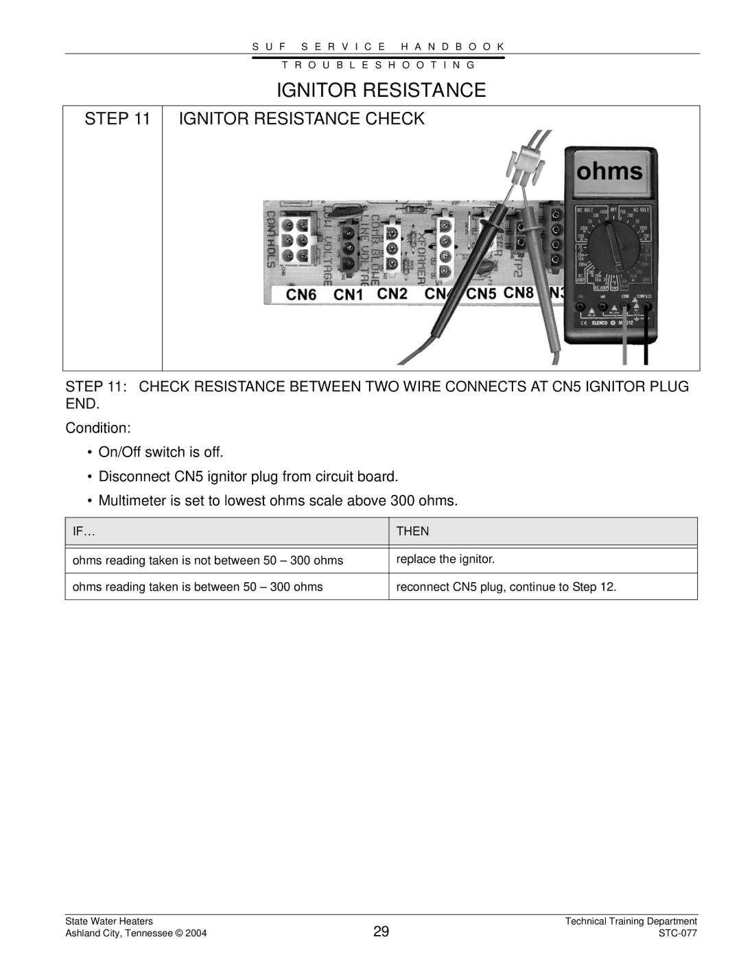 State Industries STC-077 dimensions Ignitor Resistance Check 