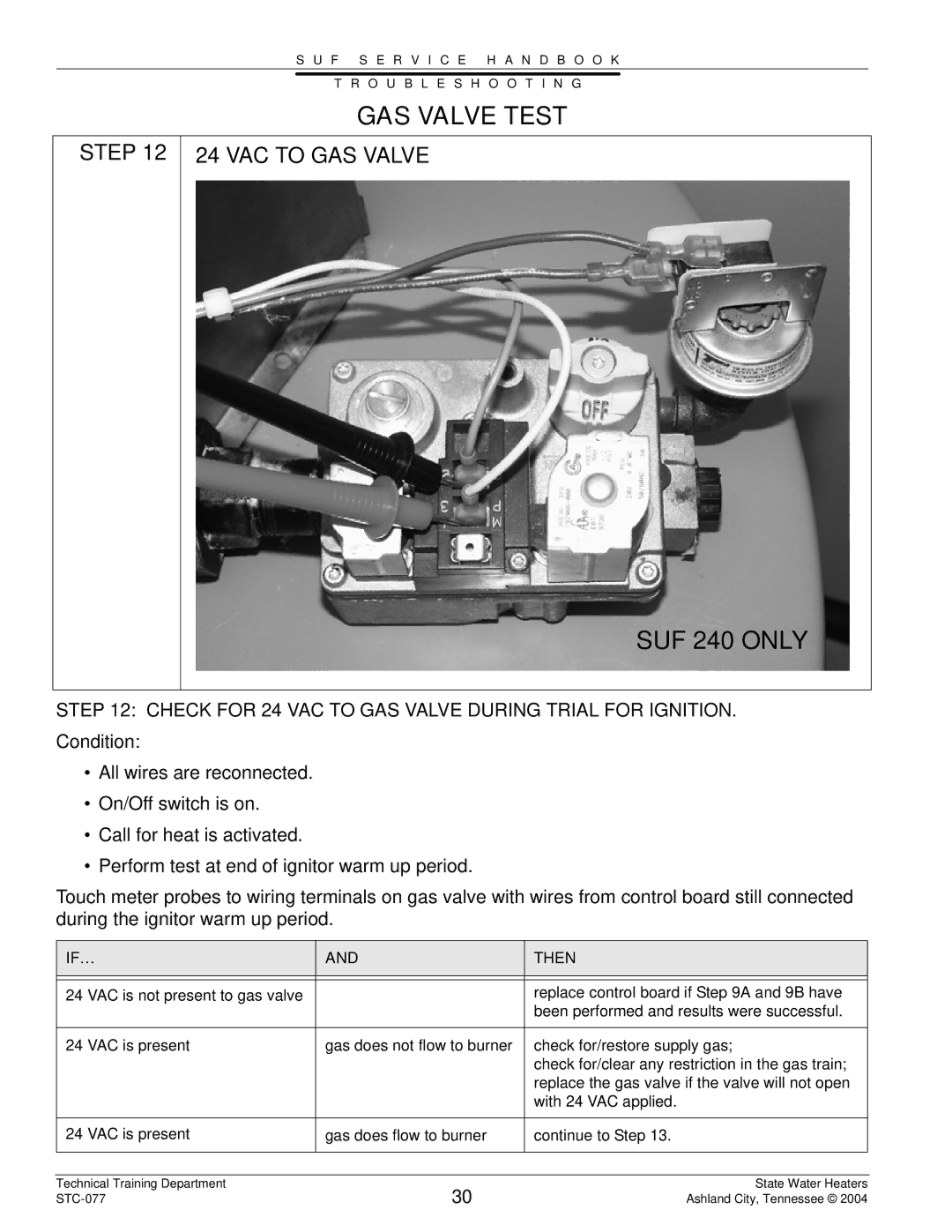 State Industries STC-077 dimensions GAS Valve Test, SUF 240 only, VAC to GAS Valve 