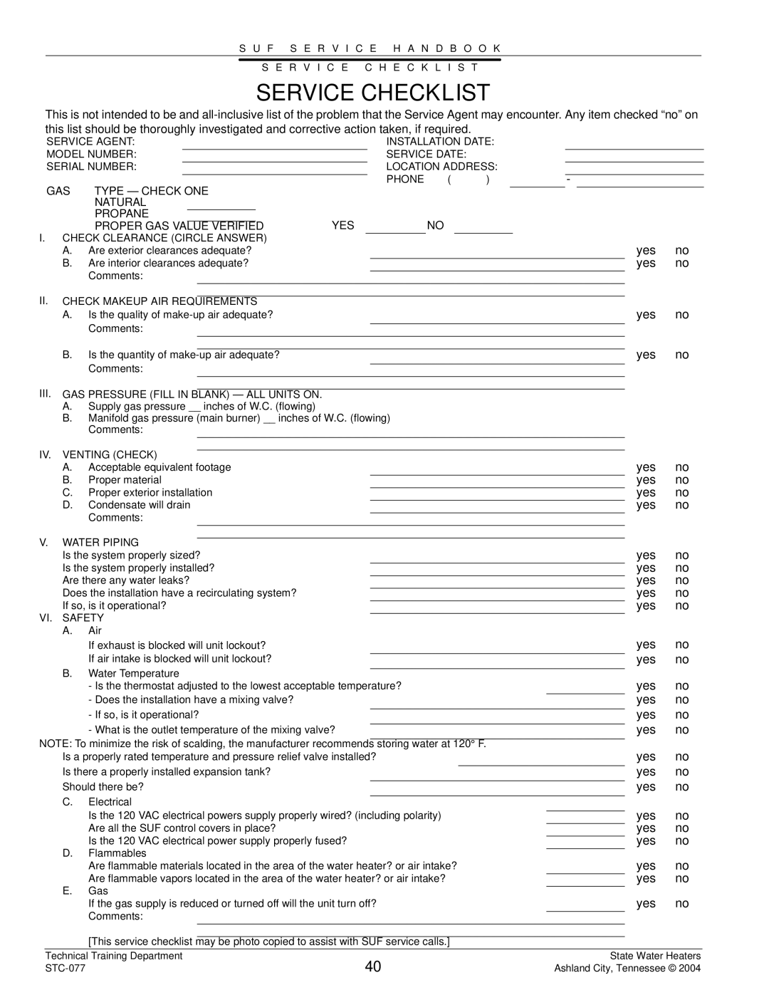State Industries STC-077 dimensions Service Checklist, III. GAS Pressure Fill in Blank ALL Units on 