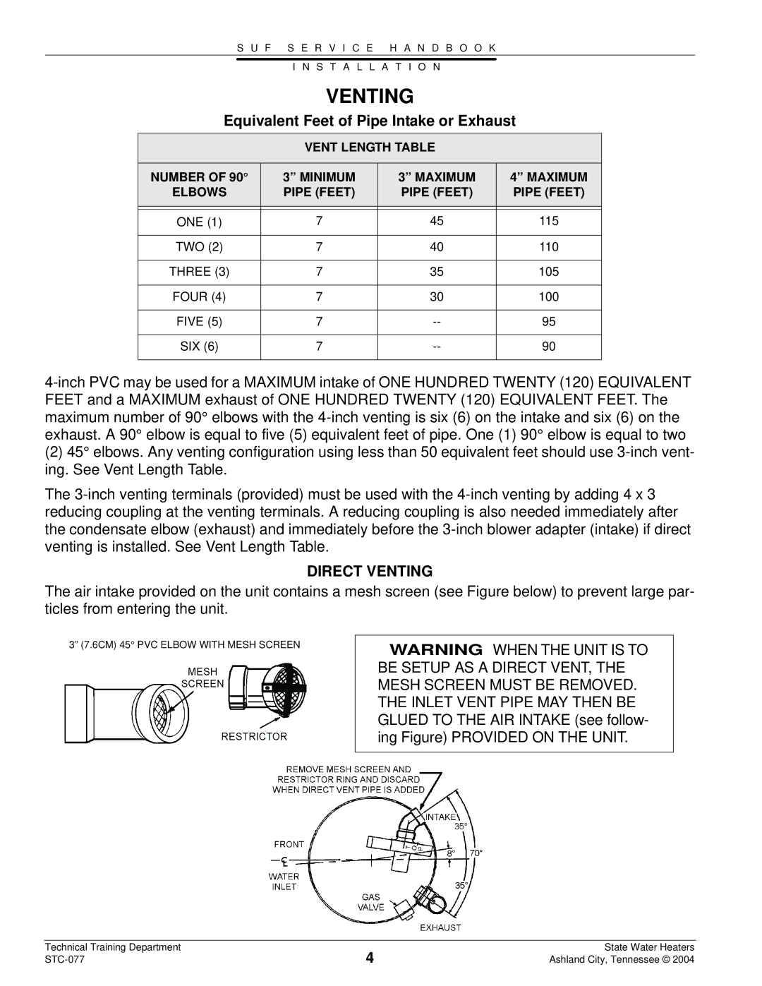 State Industries STC-077 dimensions Equivalent Feet of Pipe Intake or Exhaust, Direct Venting 