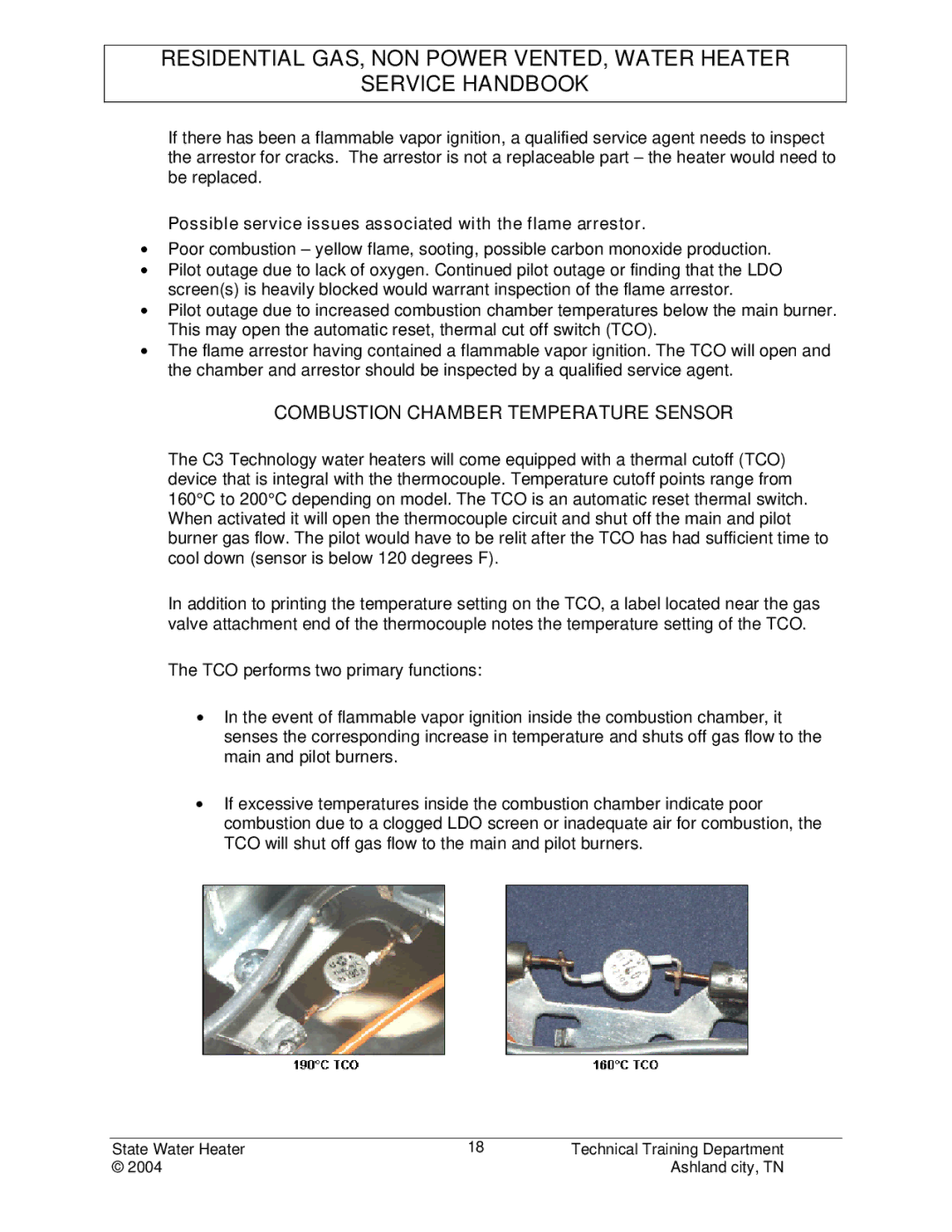 State Industries STC-080 Combustion Chamber Temperature Sensor, Possible service issues associated with the flame arrestor 