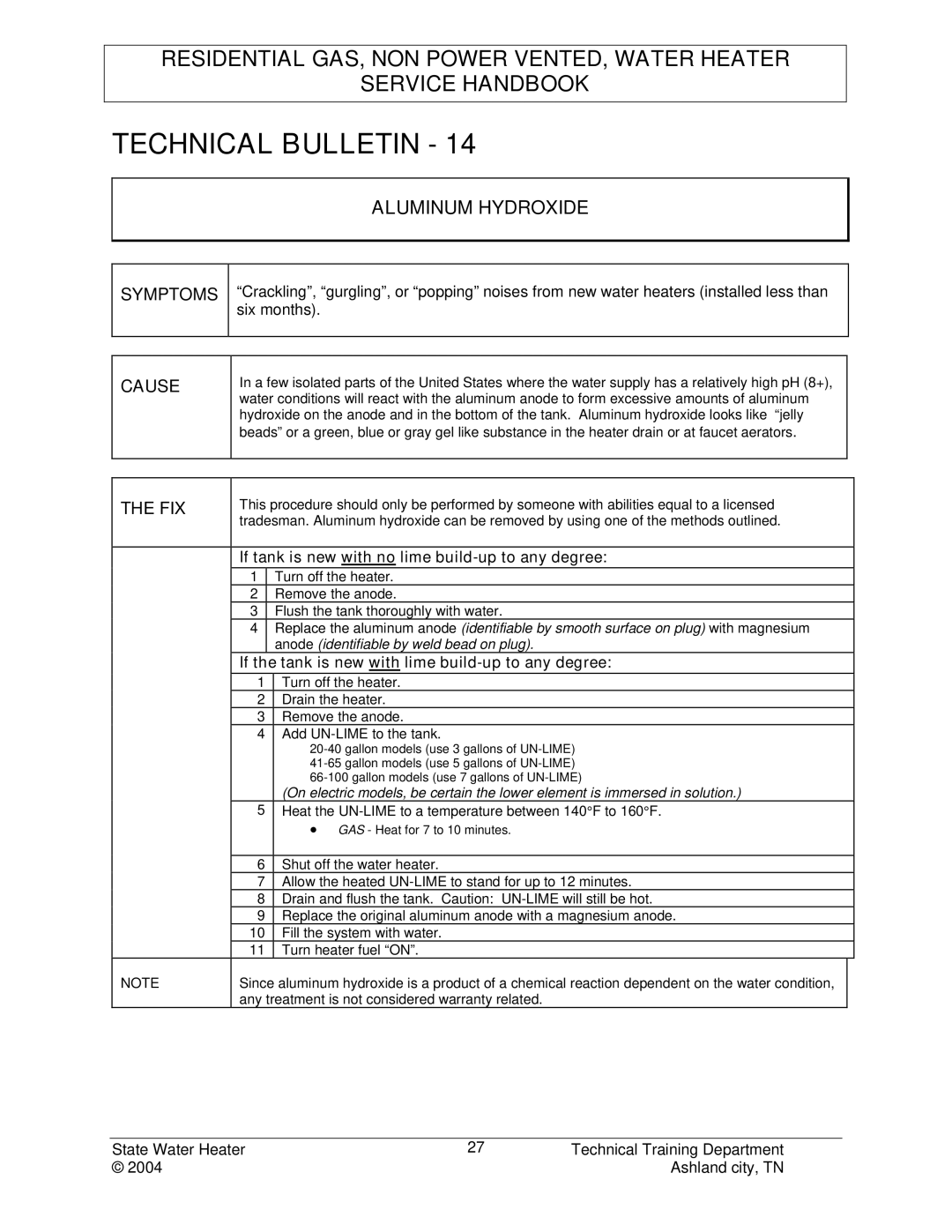 State Industries STC-080 manual Aluminum Hydroxide, If tank is new with no lime build-up to any degree 