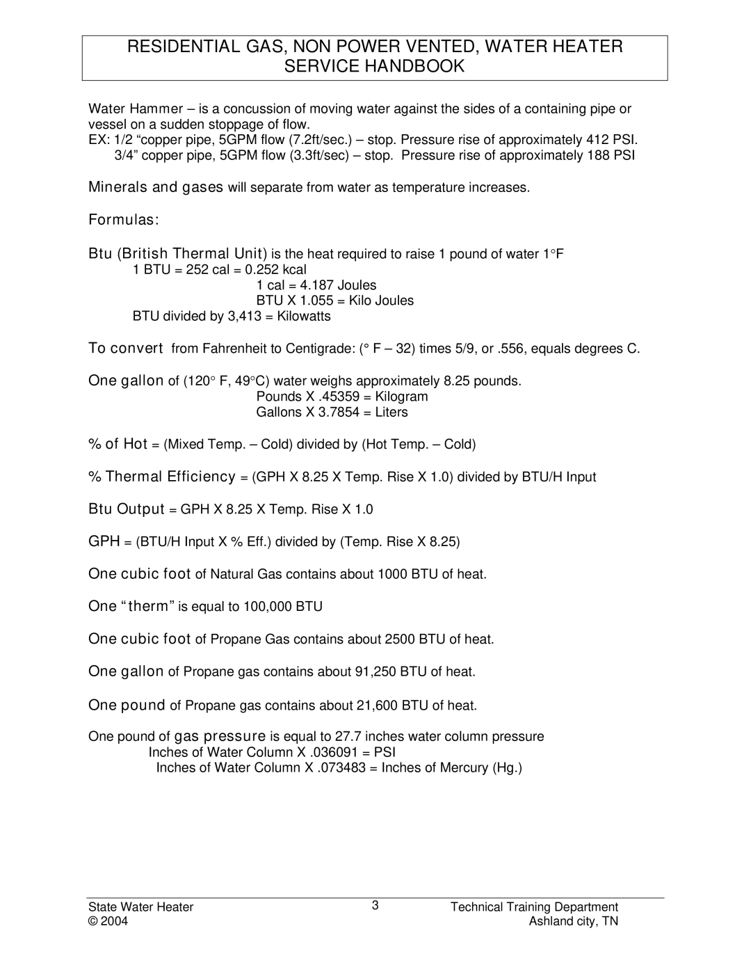 State Industries STC-080 manual Formulas, To convert 