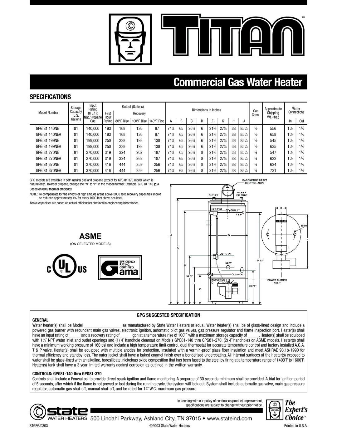 State Industries STGPG/0303 warranty Asme 