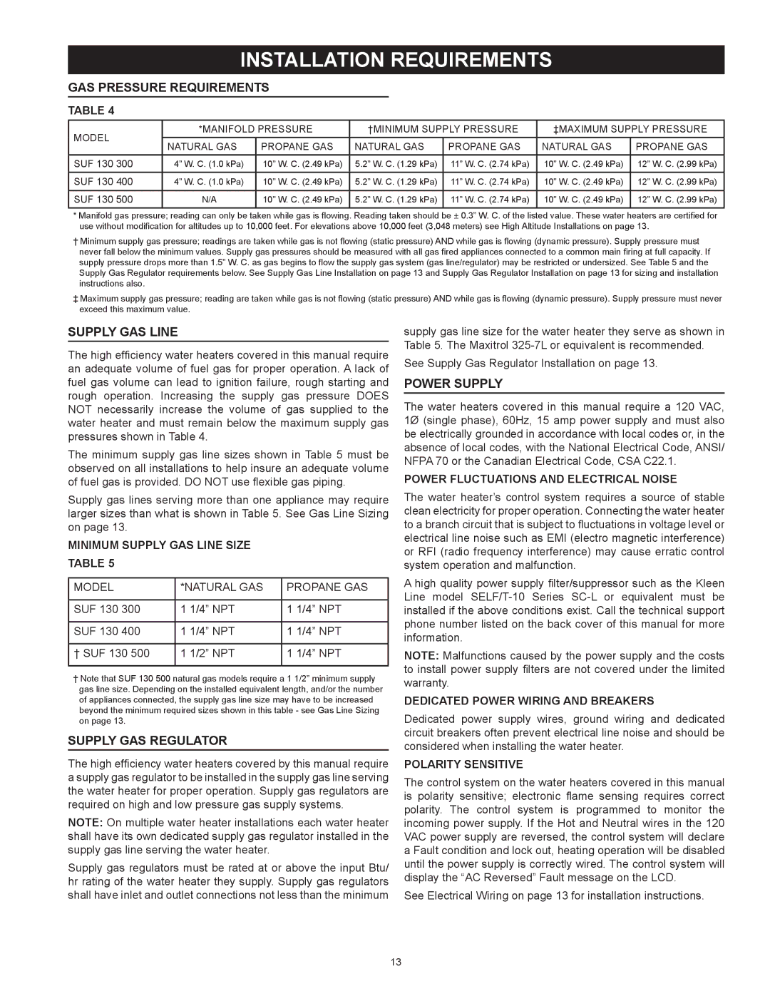 State Industries SUF-130- 300/400/500 Installation Requirements, Gas Pressure Requirements, Supply Gas Line, Power Supply 