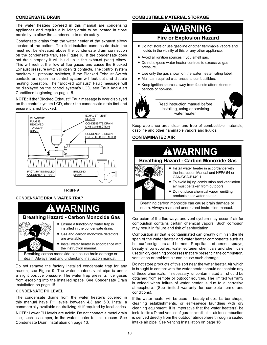 State Industries SUF-130- 300/400/500 instruction manual Condensate Drain, Combustible Material Storage, Contaminated Air 