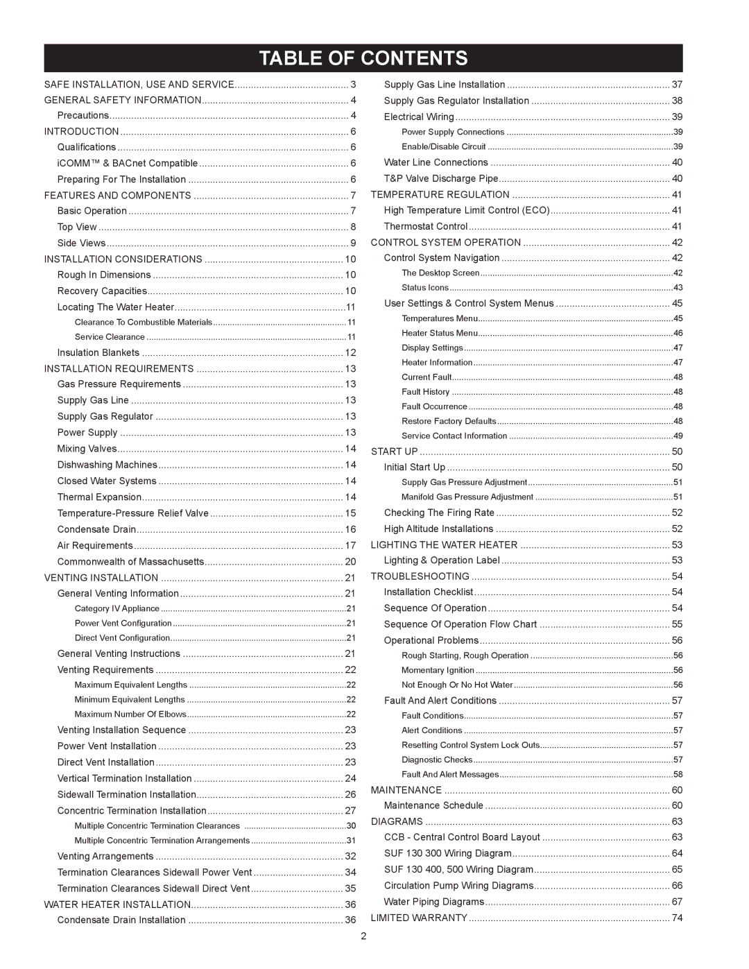 State Industries SUF-130- 300/400/500 instruction manual Table Of Contents 