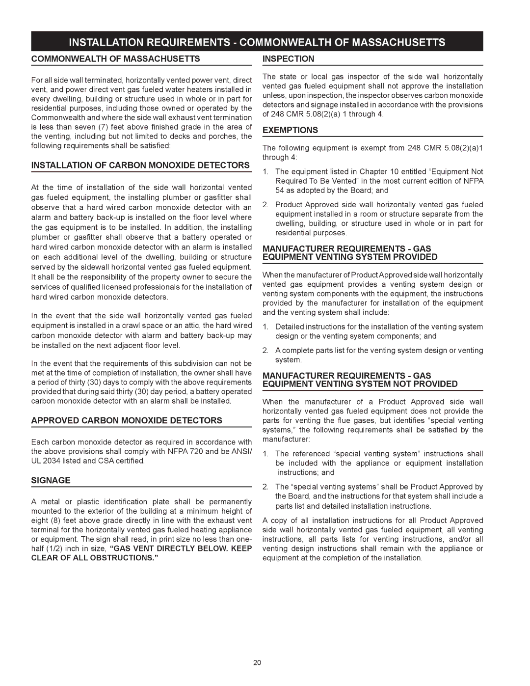 State Industries SUF-130- 300/400/500 instruction manual Commonwealth of Massachusetts, Inspection 