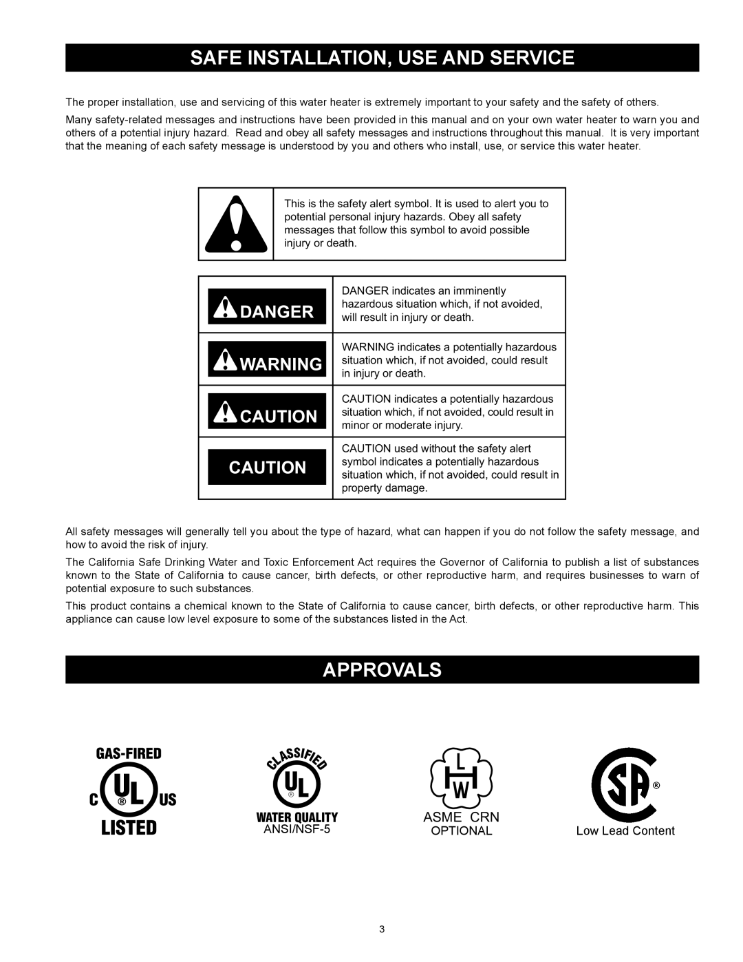 State Industries SUF-130- 300/400/500 instruction manual Safe Installation, Use and Service, ANSI/NSF-5, Optional 