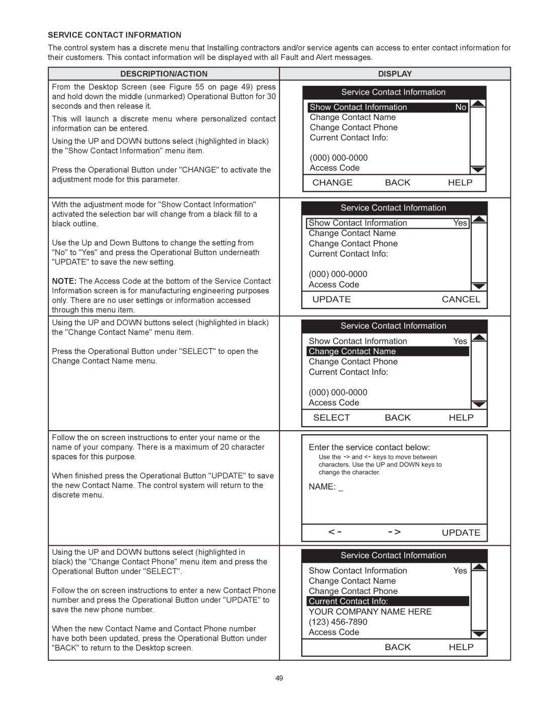 State Industries SUF-130- 300/400/500 Select Back Help, Update, Your Company Name Here, Service Contact Information 