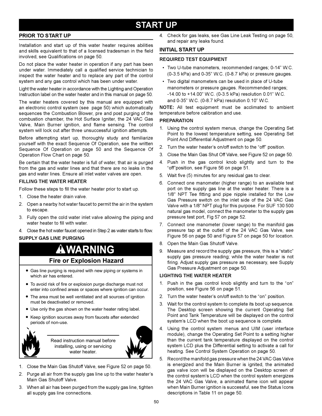 State Industries SUF-130- 300/400/500 instruction manual Prior to Start up, Initial Start Up 