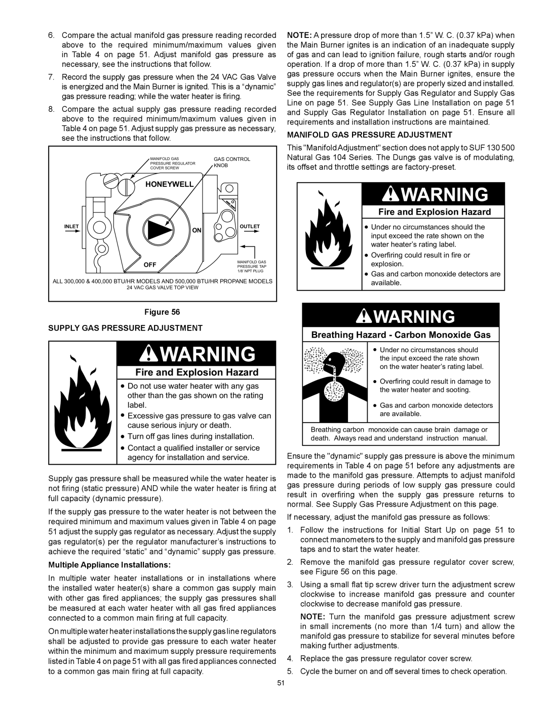 State Industries SUF-130- 300/400/500 instruction manual Supply Gas Pressure Adjustment, Multiple Appliance Installations 