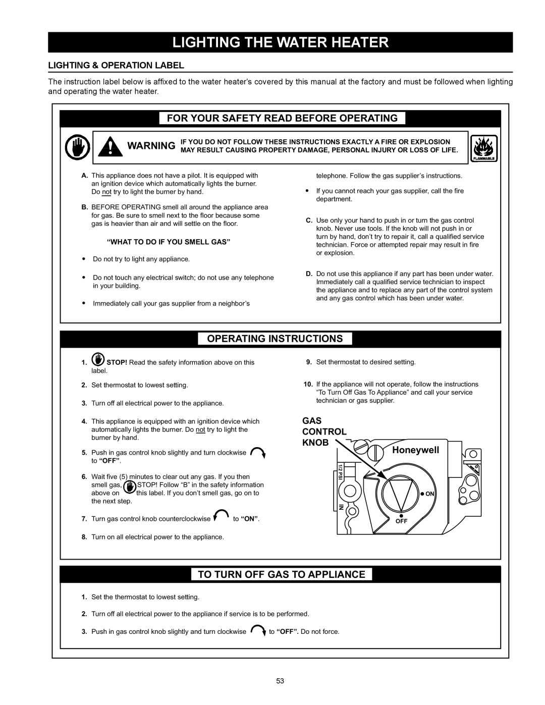 State Industries SUF-130- 300/400/500 instruction manual Lighting The Water Heater, Lighting & Operation Label, Honeywell 