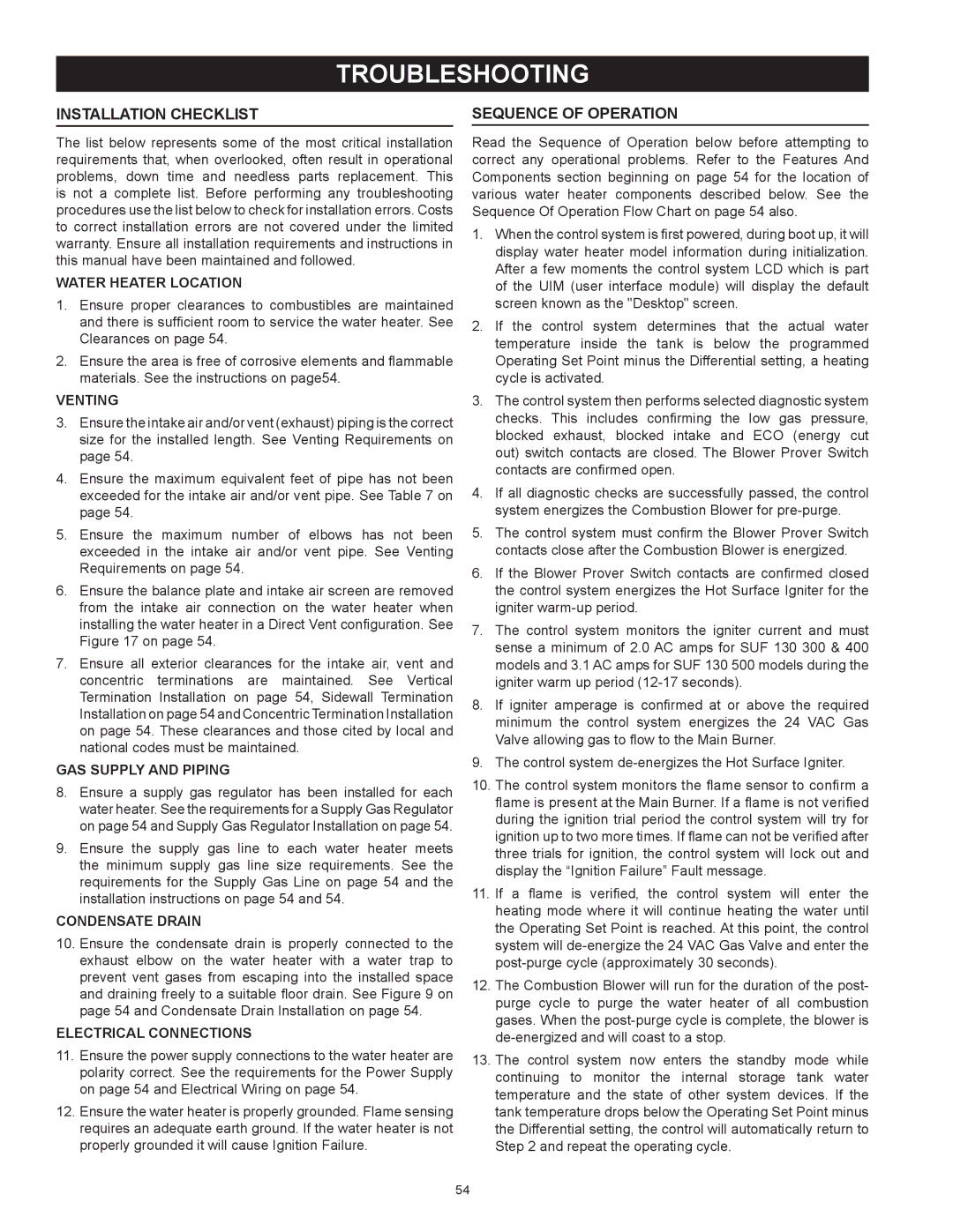 State Industries SUF-130- 300/400/500 instruction manual Troubleshooting, Installation Checklist, Sequence Of Operation 