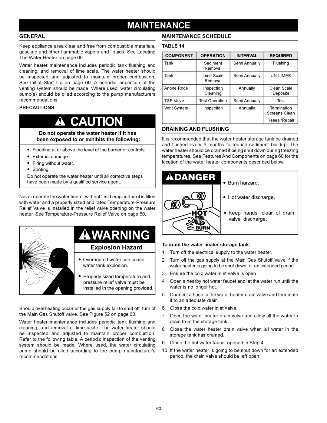 State Industries SUF-130- 300/400/500 instruction manual General, Maintenance Schedule, Draining And Flushing 