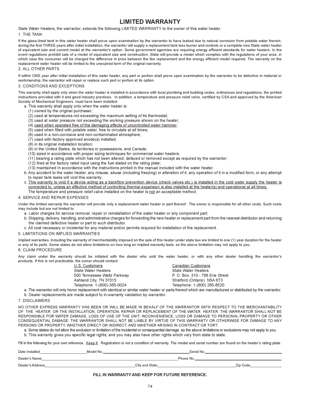 State Industries SUF-130- 300/400/500 instruction manual Limited Warranty 