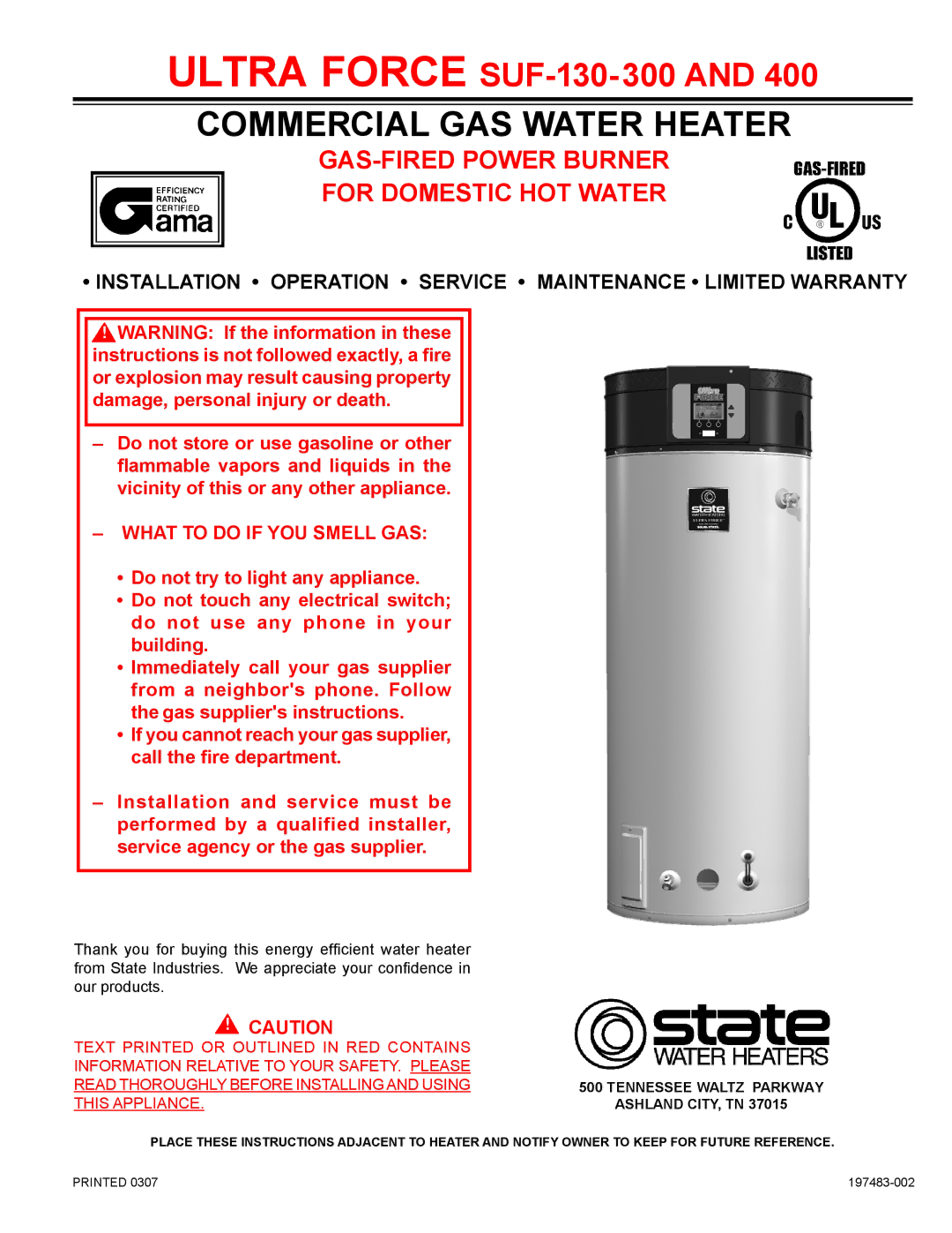 State Industries SUF-130-400, SUF-130-300 warranty Commercial GAS Water Heater 