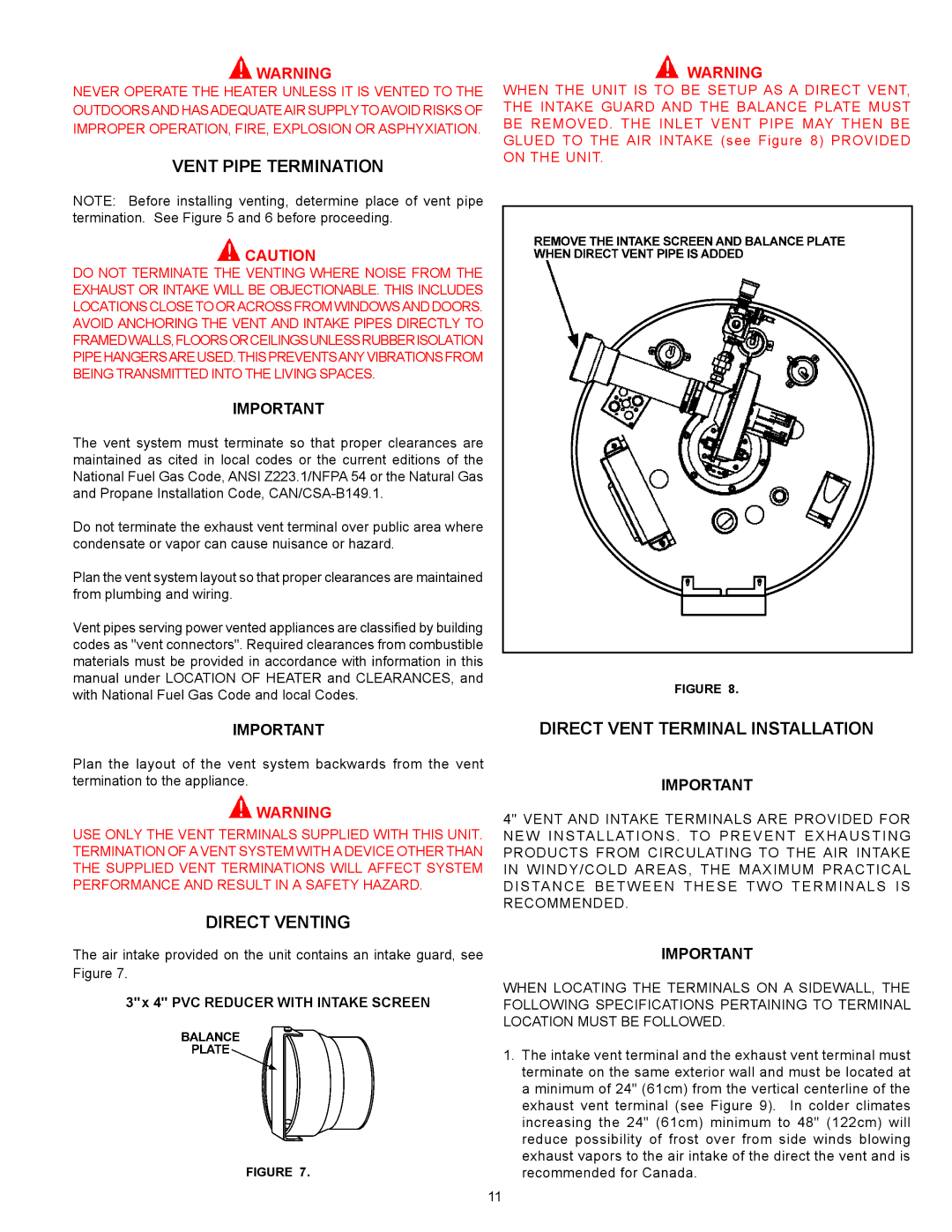 State Industries SUF-130-400, SUF-130-300 warranty Vent Pipe Termination, Direct Venting, Direct Vent Terminal Installation 