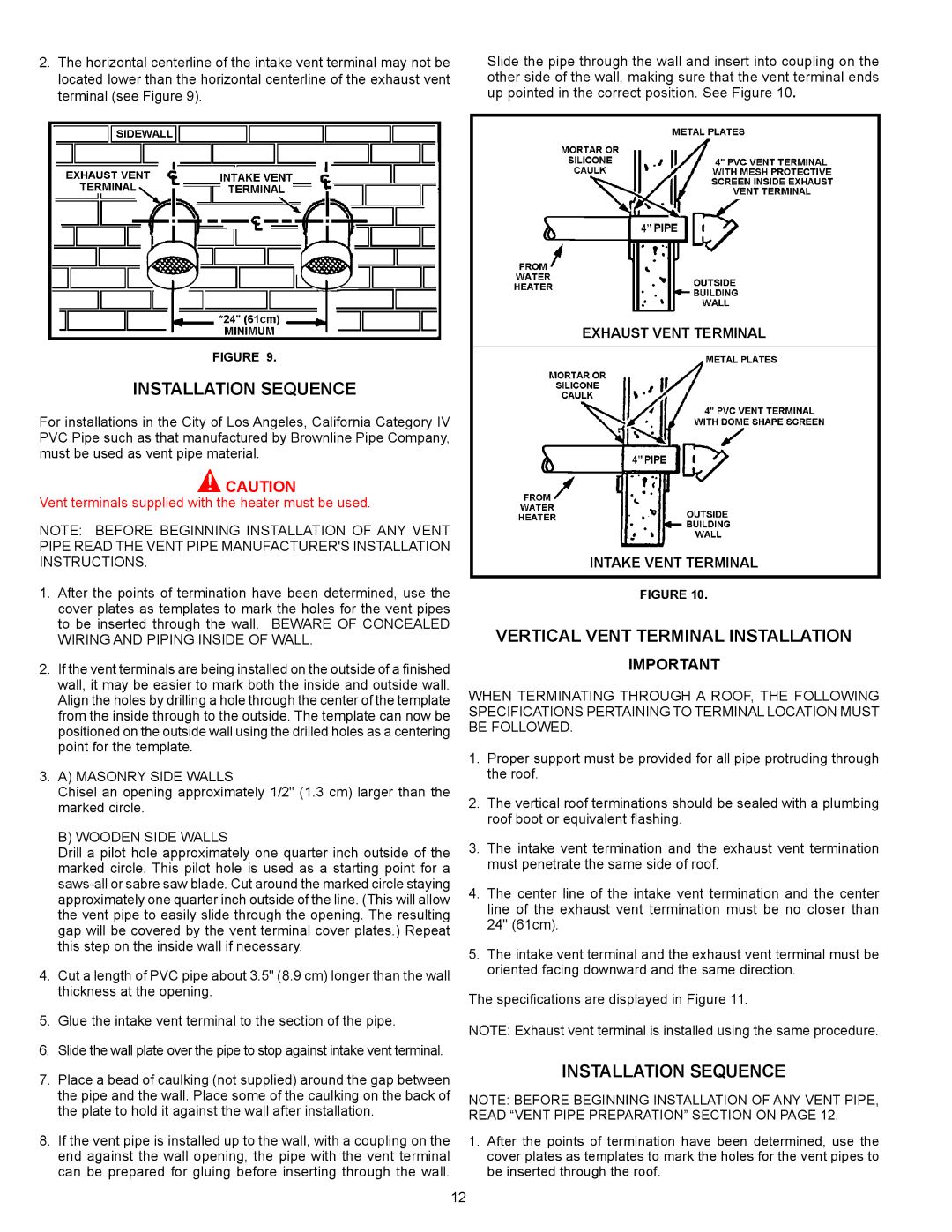 State Industries SUF-130-300, SUF-130-400 warranty Installation Sequence, Vertical Vent Terminal Installation 