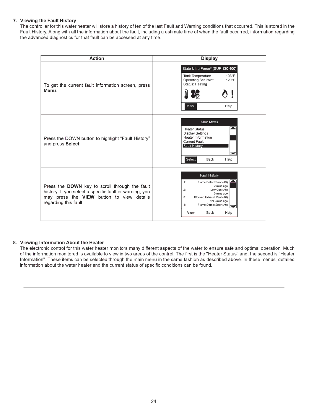 State Industries SUF-130-300, SUF-130-400 warranty Viewing the Fault History, Viewing Information About the Heater 