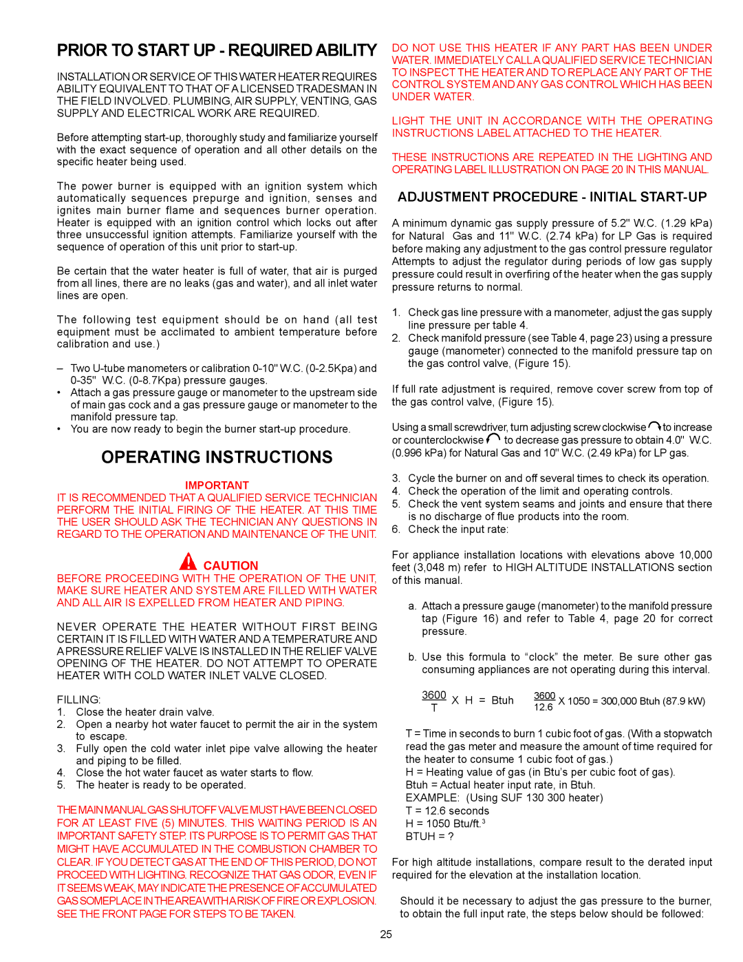 State Industries SUF-130-400, SUF-130-300 warranty Operating Instructions, Prior to Start UP Required Ability 