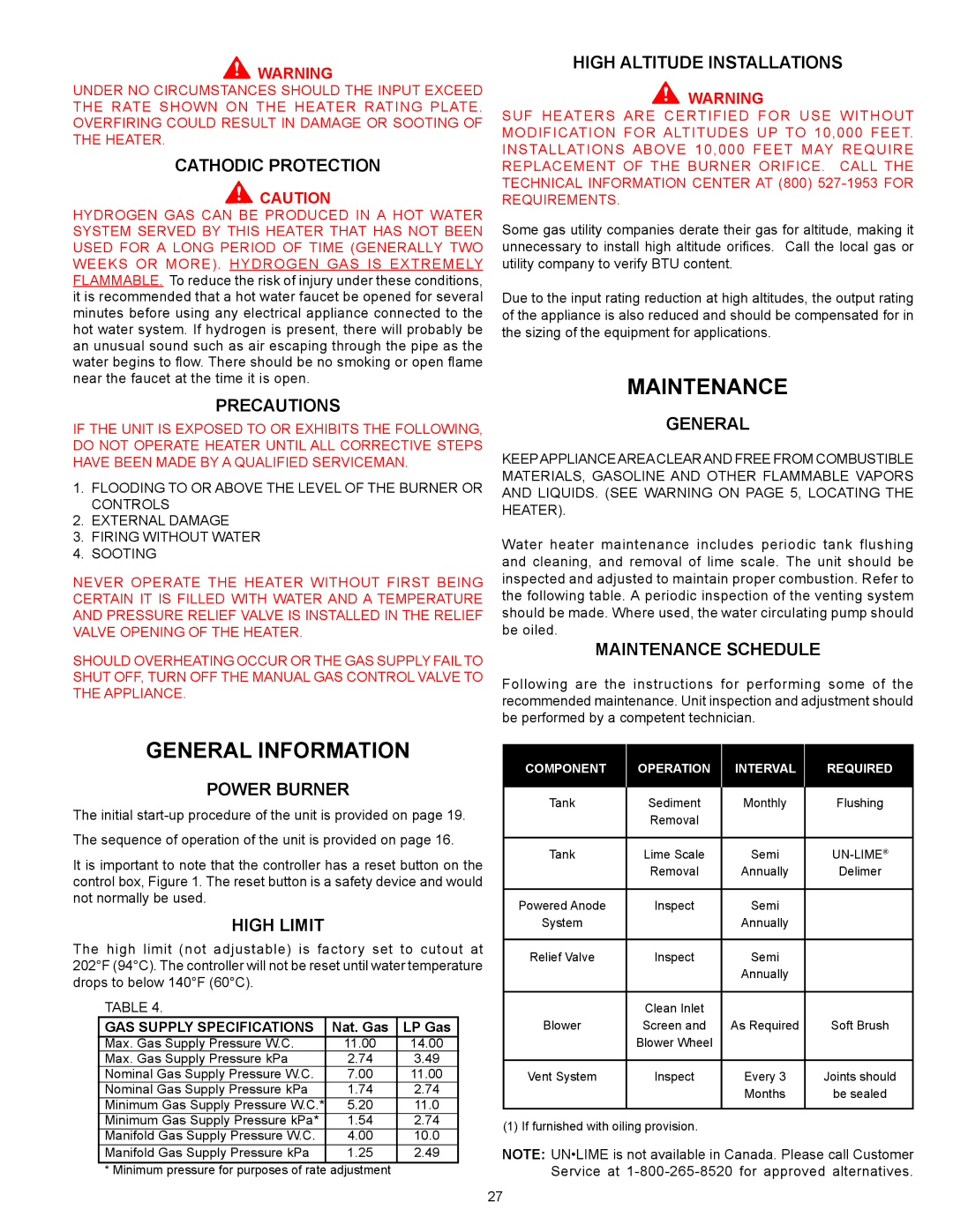 State Industries SUF-130-400, SUF-130-300 warranty General Information, Maintenance 