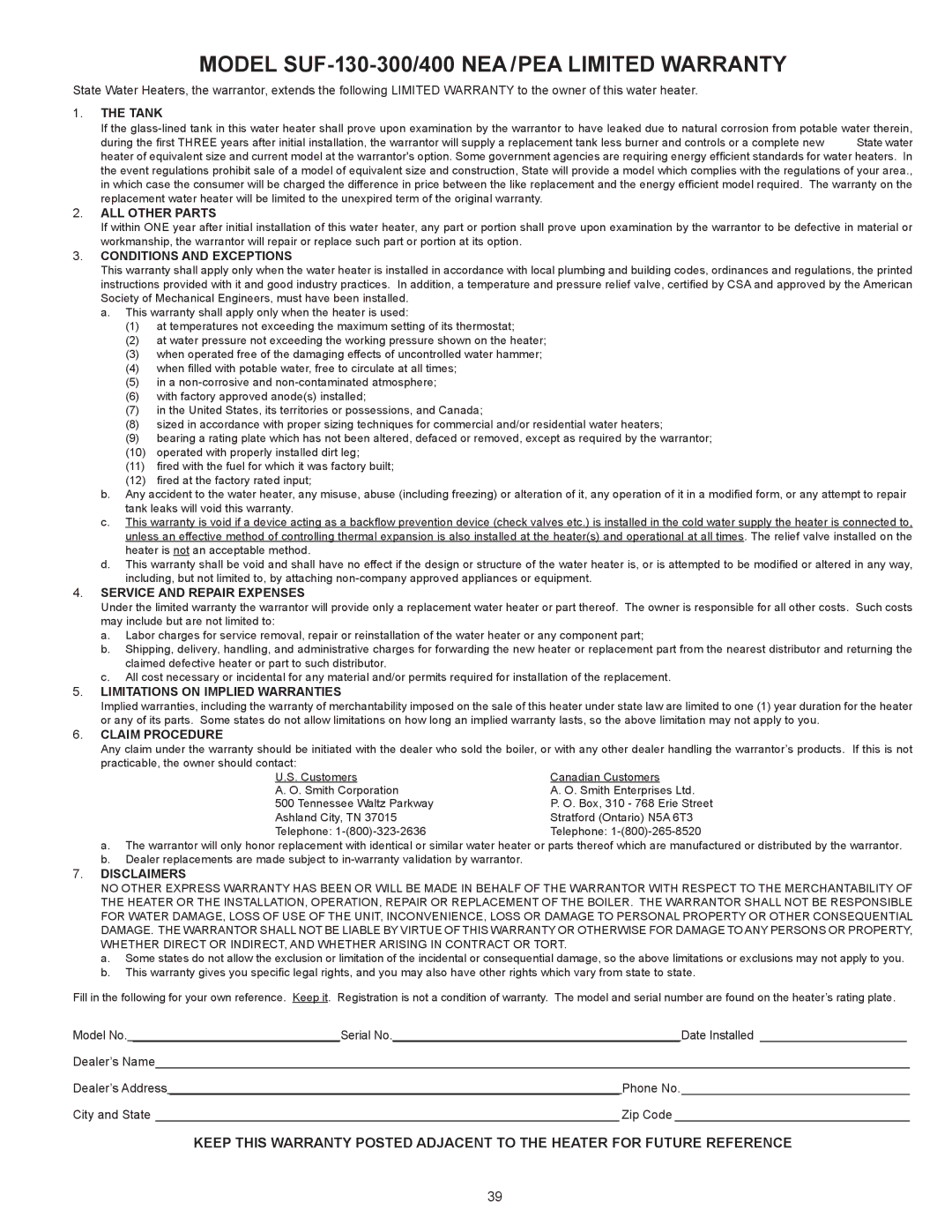 State Industries SUF-130-400 warranty Model SUF-130-300/400 NEA /PEA Limited Warranty, Tank 