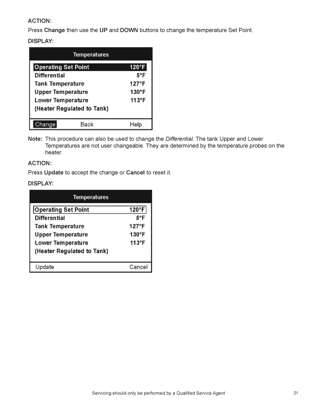 State Industries SUF 60 THRU 120, SUF 130 THRU 500 manual Press Update to accept the change or Cancel to reset it 