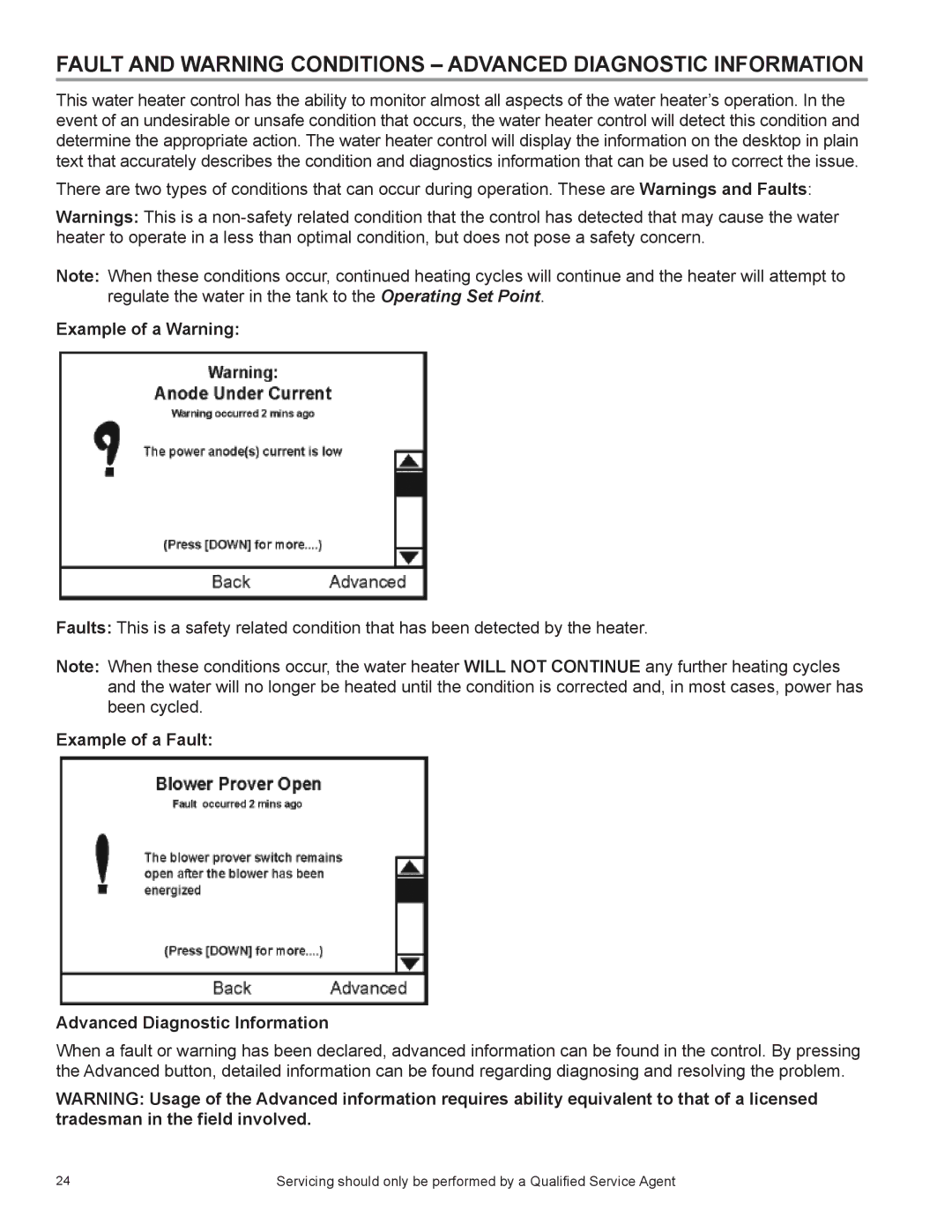 State Industries SUF 60 THRU 120 manual Example of a Warning, Example of a Fault Advanced Diagnostic Information 