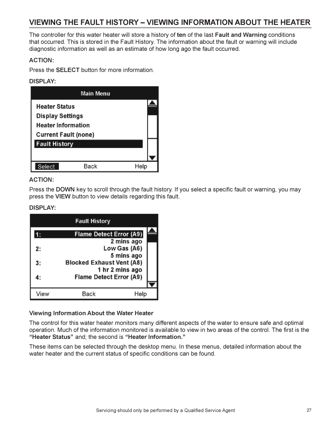 State Industries SUF 60 THRU 120, SUF 130 THRU 500, SUF 100 THRU 250 manual Viewing Information About the Water Heater 